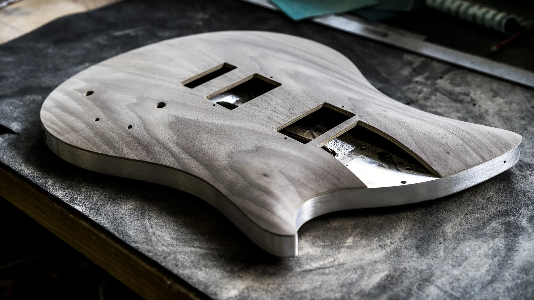 Raw body of the Jane electric guitar with aluminium frame in the workshop