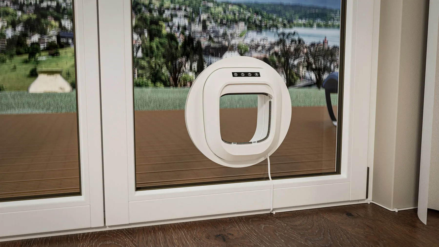Flappie cat flap installed in a balcony door with a lake view
