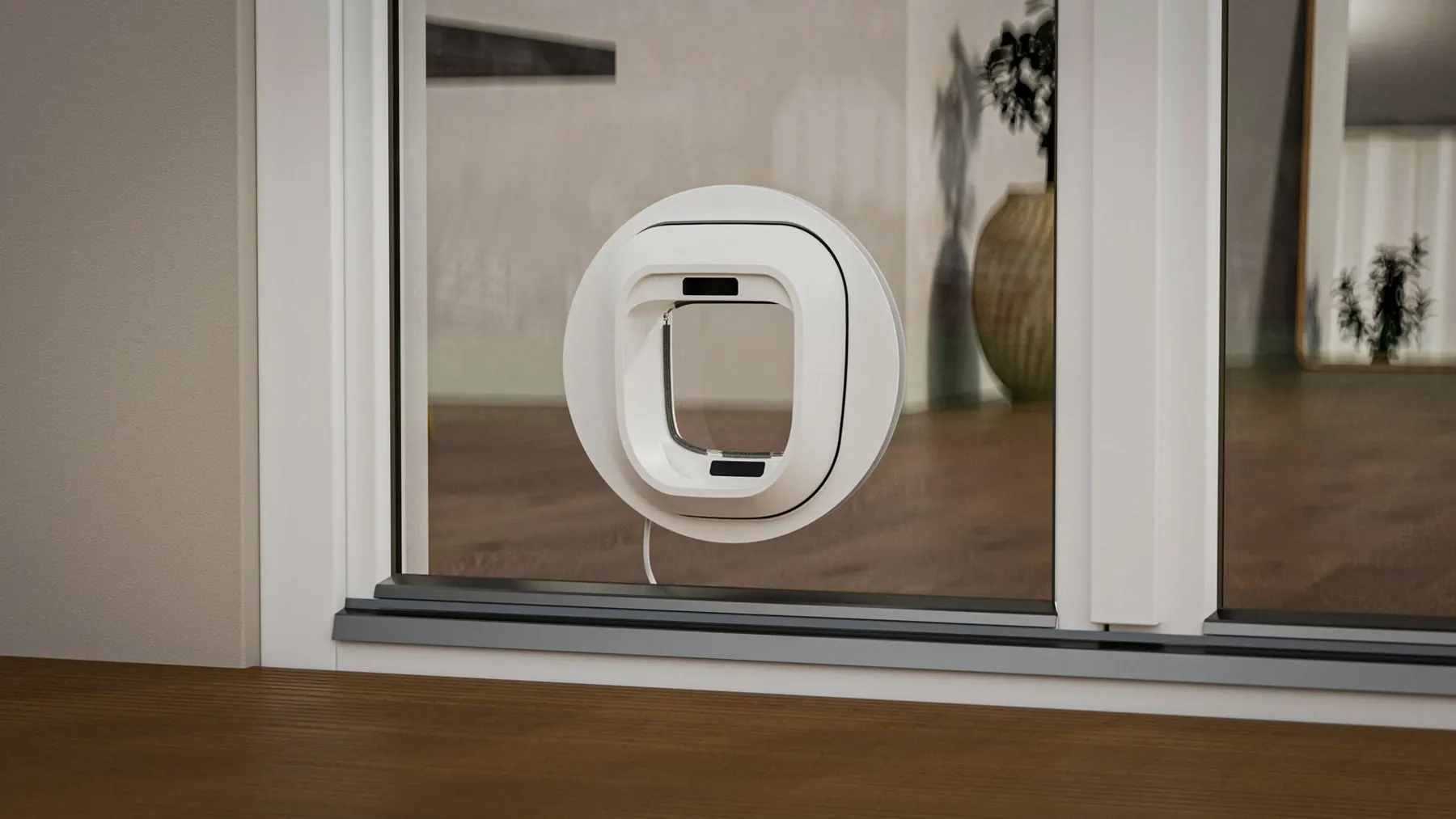 Flappie cat flap in a glass door in a living room – 3D visualisation