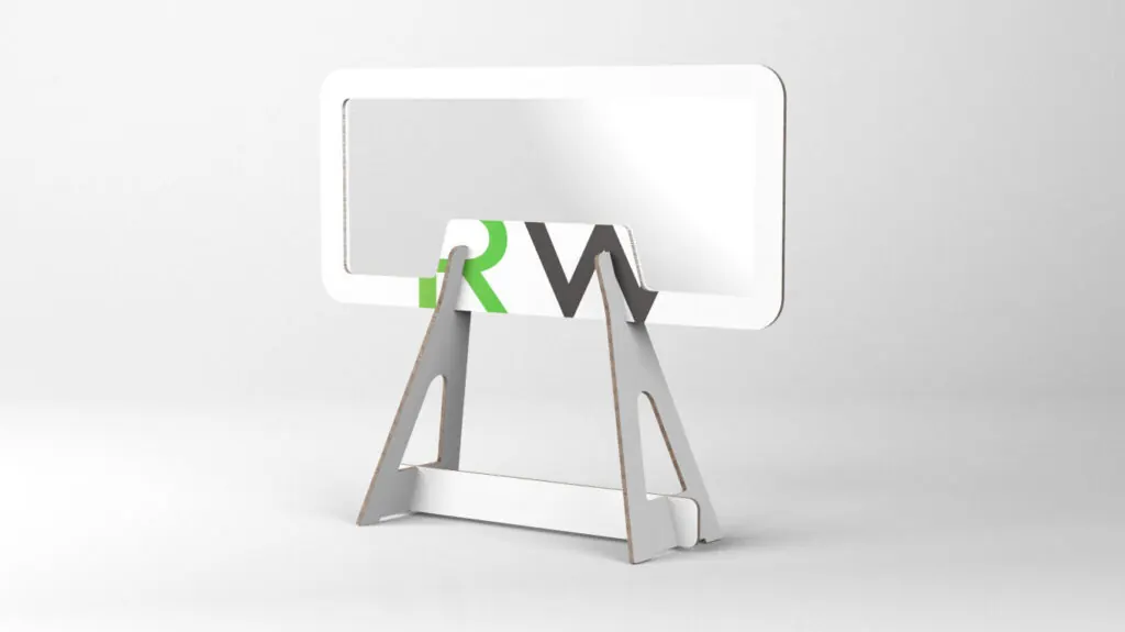 RecycleWall GastroWall – Tischtrennwand mit Sichtfenster, 3D-Visualisierung